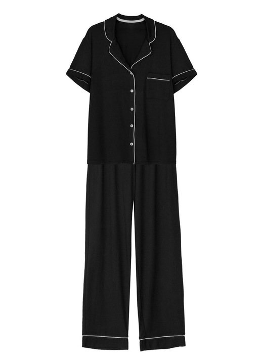 Set pijama de vara pentru femei, negru cu margine alba, maneci scurte, One Size INTL