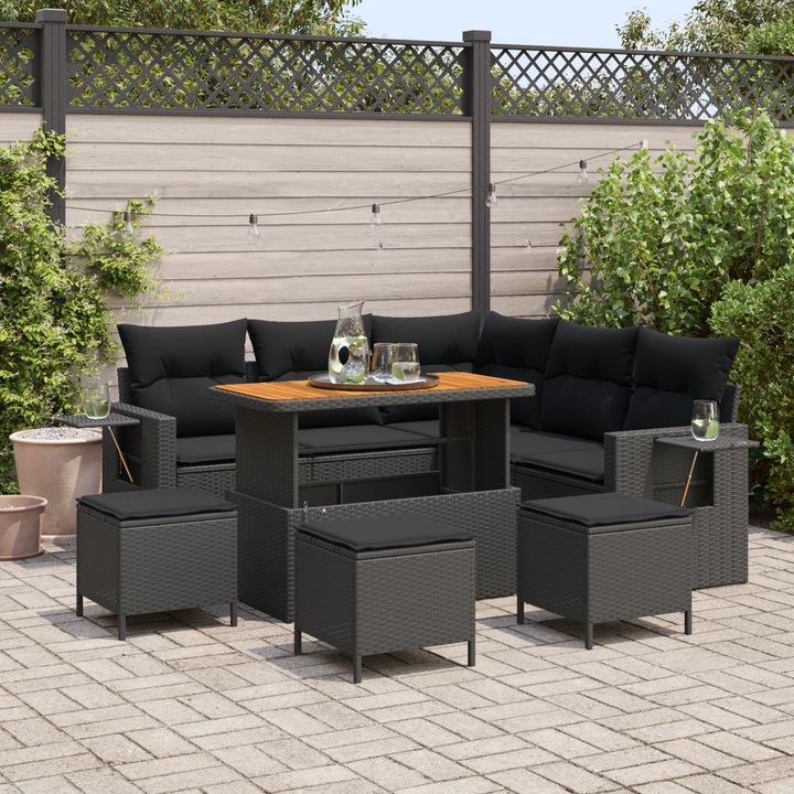 Set mobilier gradina 9 piese, vidaXL, polirattan negru, pentru 6 persoane, cu perne confortabile