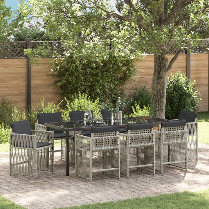 Set de mobilier gradina 9 piese, vidaXL, masa mare cu 8 scaune, rezistent la intemperii, gri deschis