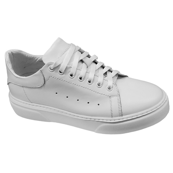 Pantofi Sport Barbatesti Albi Din Piele Naturala, Talpa Moale Din Poliuretan, Bot Rotund, Design Simplu, Usor De Asortat, Produs Romanesc, SCV, Marimea 43