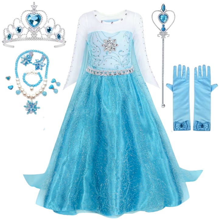 Elsa Jégvarázs ruha, szett koronával, ékszerekkel és kiegészítőkkel, EvrikaUnity, prémium anyag, 4-5 év, 120 cm, türkiz