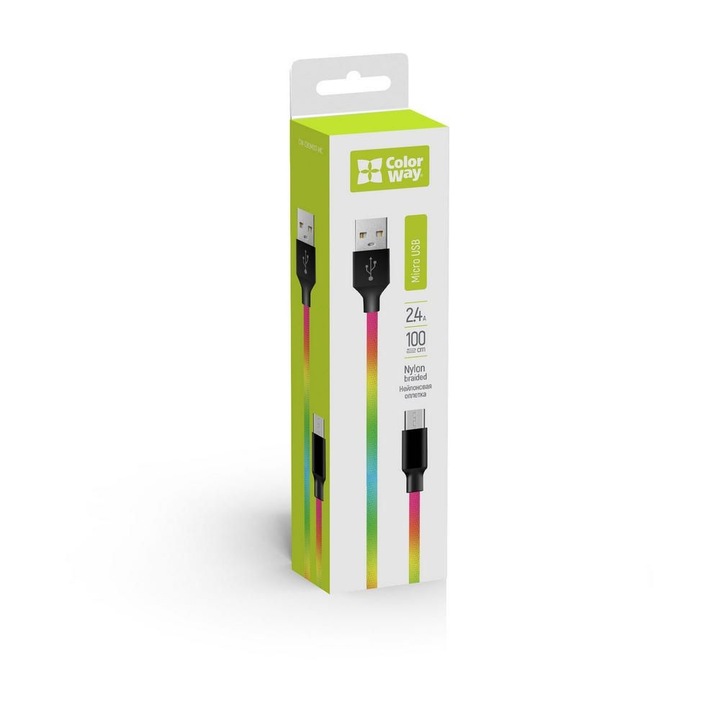 Cablu USB la MicroUSB 2.4A, ColorWay, Multicolor