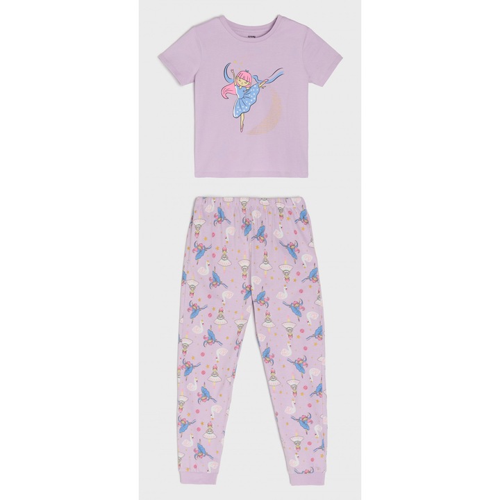 Pijama de vara 2 piese din bumbac cu maneca scurta balerine 31741, Mov