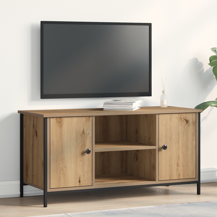 Comoda TV vidaXL, 100x40x50 cm, lemn de stejar, 2 rafturi, design modern