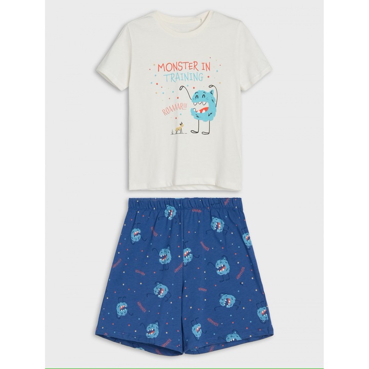 Pijama bumbac din doua piese Monster 31788, Alb