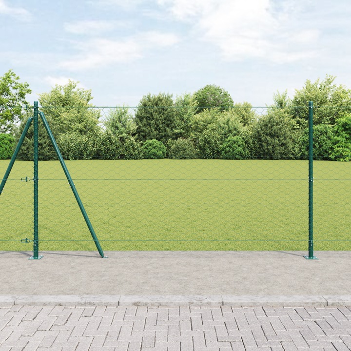 Gard hexagonal Gossi verde 1,2x10 m otel, stalpi pentru gard Gossi cu placi de baza 7 buc Ø32mm 68,5cm otel zincat