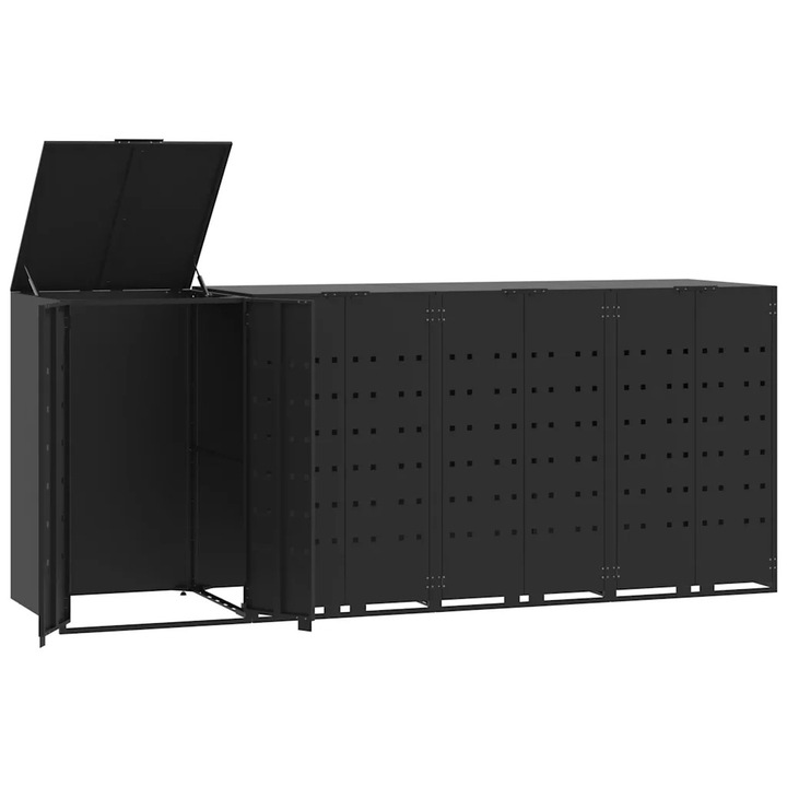Suport pentru 4 cosuri de gunoi, vidaXL, neagra, 276x79x117 cm, mecanism cu capac pneumatic