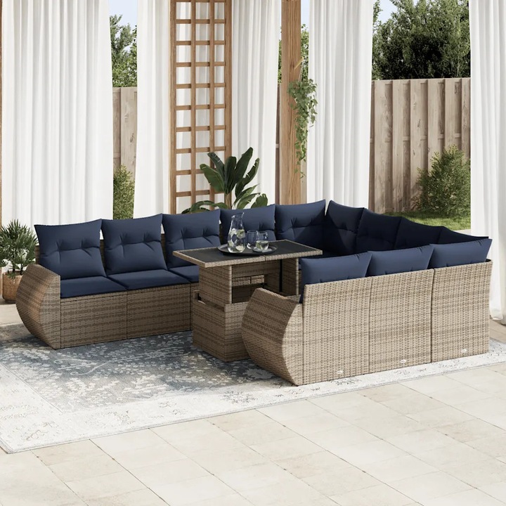 Set mobilier gradina 11 piese, vidaXL, polirattan, gri, cu perne