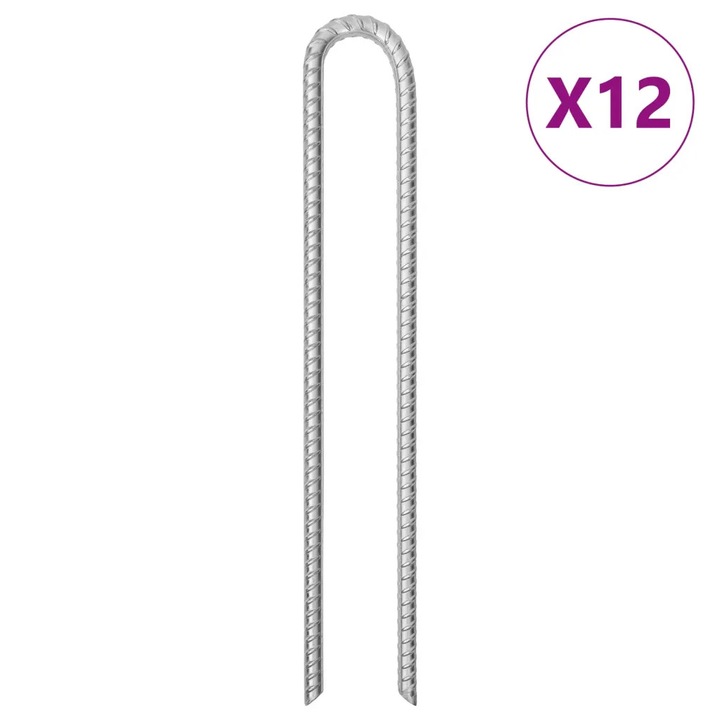Set 12 Cuie pentru cort, vidaXL, 41.5 cm, O 12 mm, Otel, Forma U, Argintiu