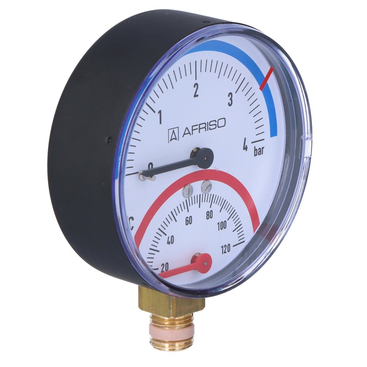 Afriso TM80 termomanométer, 0-4 bar, 20-120°C, 80mm, radiális, R 1/2 hüvelykes szelepekkel