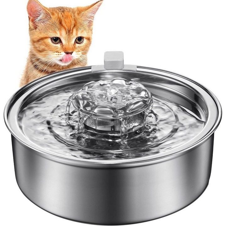 Fantana de baut pentru pisici, Haiaveng, otel inoxidabil, 2L, cu pompa si filtru de inlocuire