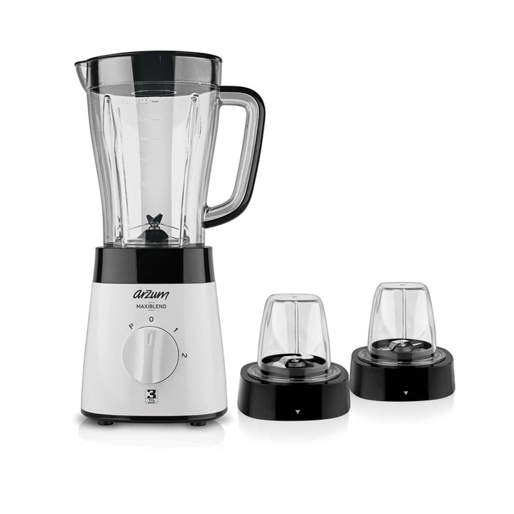 Blender cu bol Arzum Maxiblend AR1057, 500W, capacitate 1.5L, 2 viteze + Pulse, lame inox, accesorii tocare si macinare, design compact, alb