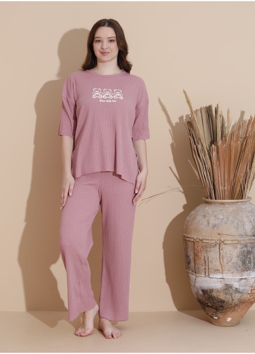 Női pizsama, pamut, mackók, púderrózsaszín, Rózsaszín