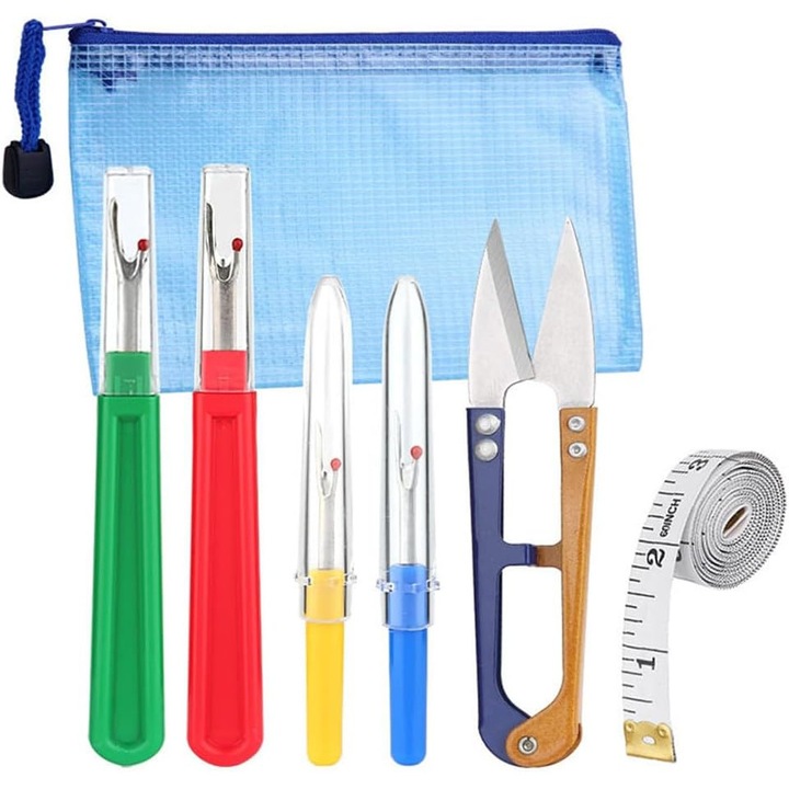 Öltésbontó készlet, 4 darabos cérnaeltávolító, öltésbontó, cérnavágó ollóval, puha mérőszalag és varrótároló táska