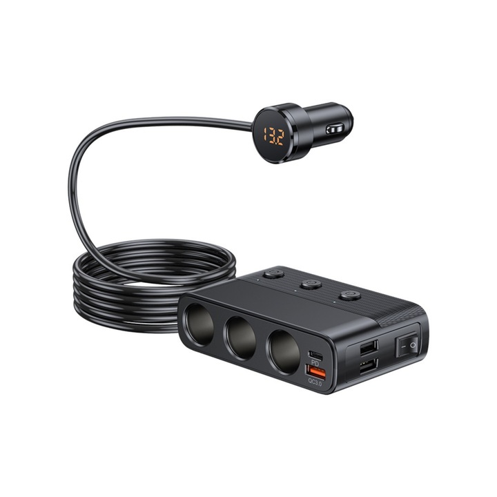 Adaptor priza auto 7 in 1, ZTMAKYLH, incarcare rapida QC3.0, 3 prize, 4 porturi USB, cu comutator individual, afisaj tensiune, cablu 1 m, 11.6x7.1x3.3 cm, Negru