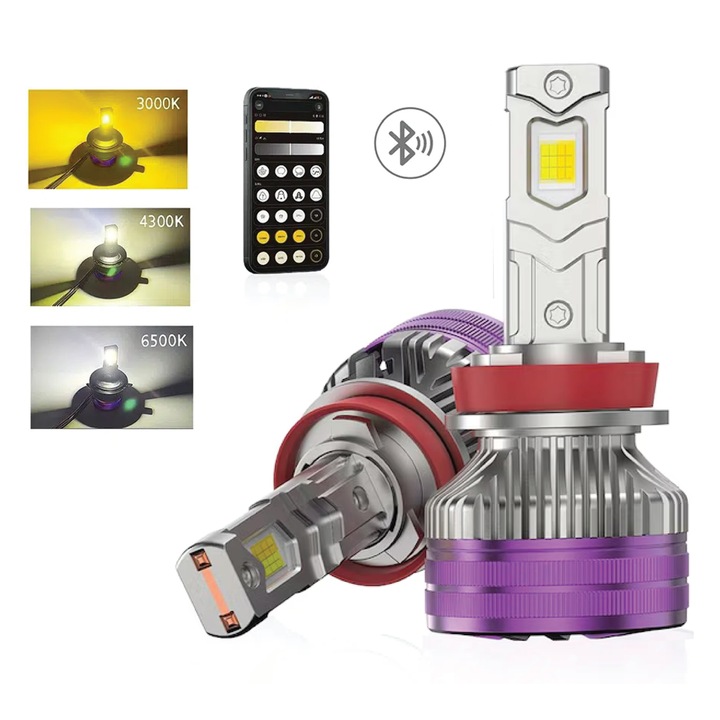 Set 2 Becuri Auto LED H8/H11, AutoREY® Premium, Bec H8/H11 LED 160W 16000LM, Lumina Reglabila 3000K 4300K 6500K Galben Alb, Chipuri CSP Performante, Led H8/H11 CANBUS Fara Eroare cu Ventilator pentru Racire, Instalare Plug & Play, Vizibilitate Superioara