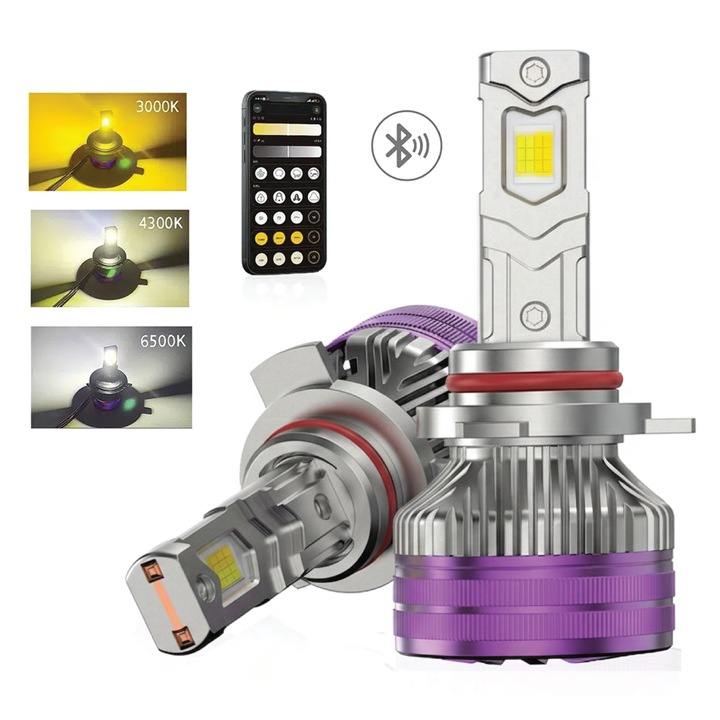 Set 2 Becuri Auto LED HIR2/9012, AutoREY® Premium, Bec HIR2 LED, 160W, 16000LM, Lumina Reglabila 3000K 4300K 6500K Galben Alb, Chipuri CSP Performante, LED HIR2 CANBUS Fara Eroare cu Ventilator pentru Racire, Instalare Plug & Play, Vizibilitate Superioara