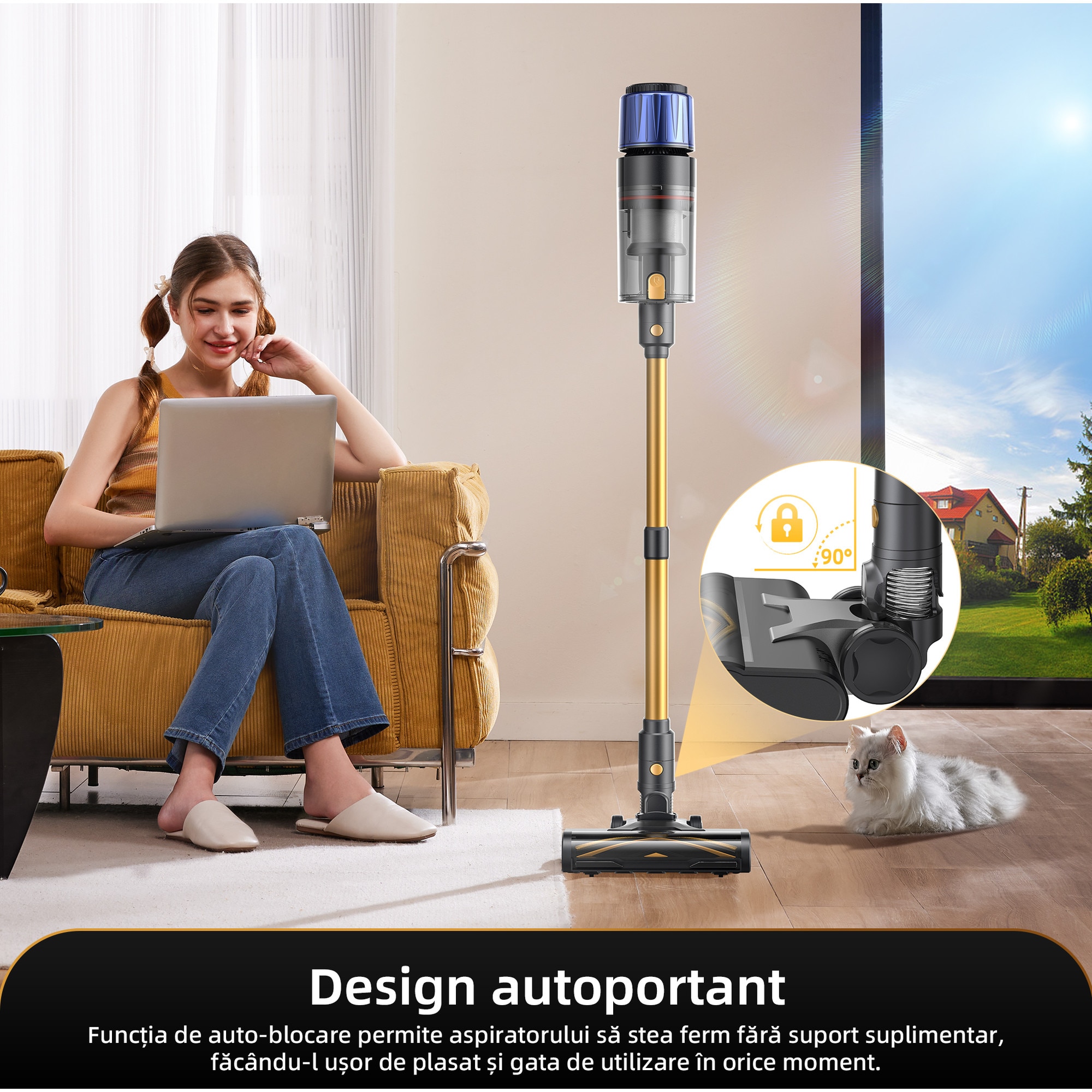 Aspirator vertical fara fir Proscenic P15, 580W, 60 kPa, recipient praf 1.5L, 70 min, faruri LED verzi