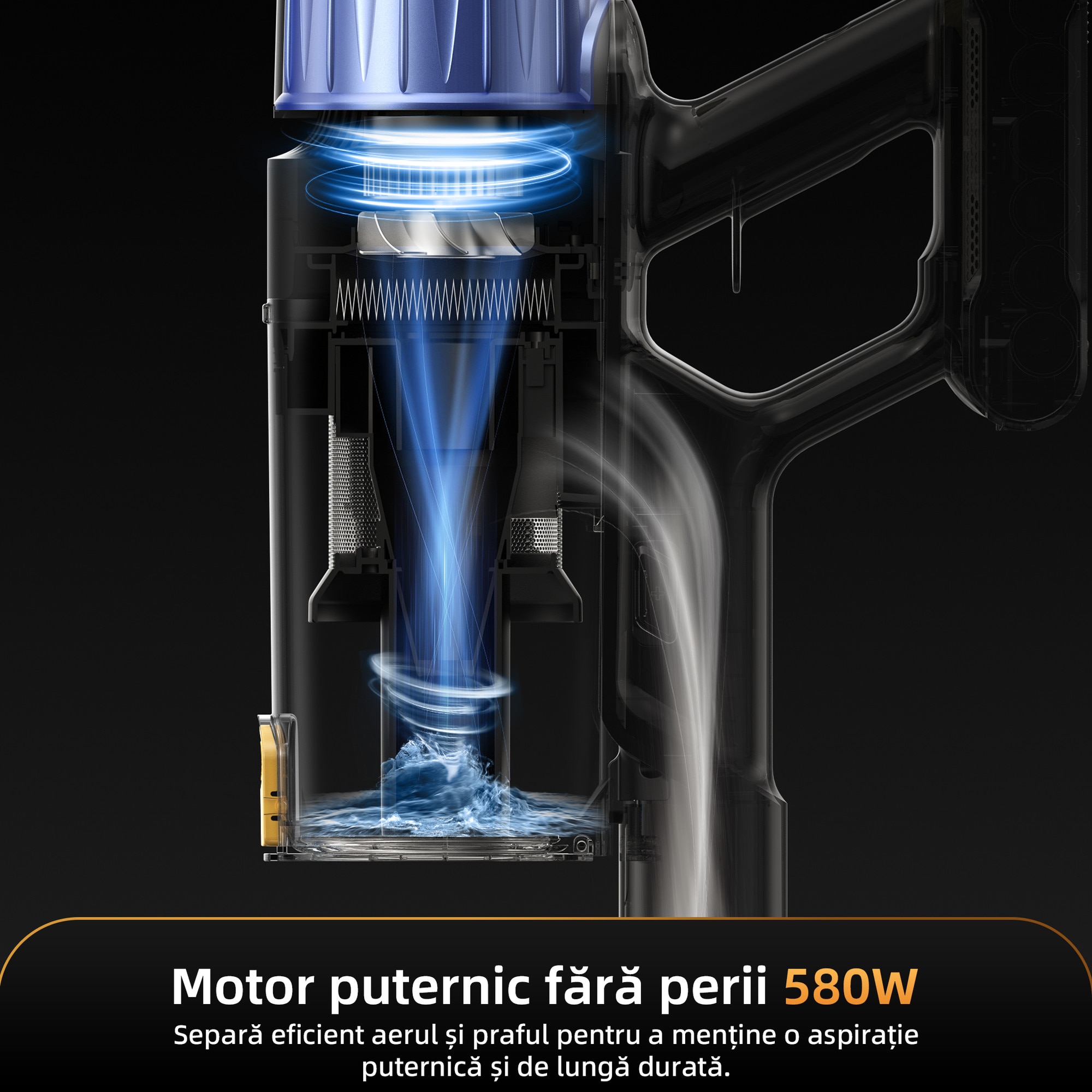 Aspirator vertical fara fir Proscenic P15, 580W, 60 kPa, recipient praf 1.5L, 70 min, faruri LED verzi