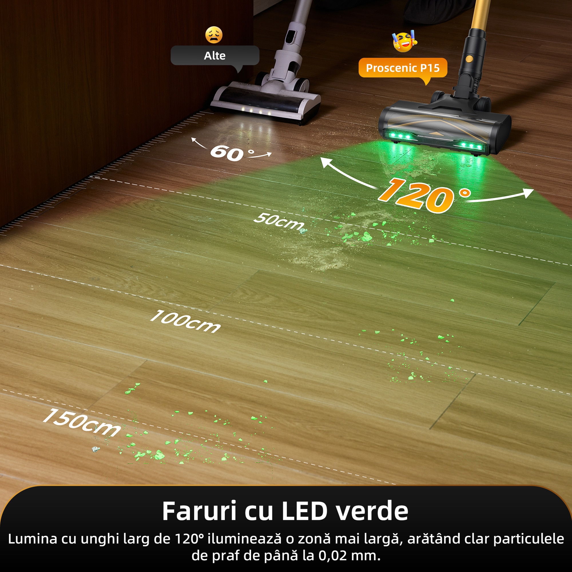 Aspirator vertical fara fir Proscenic P15, 580W, 60 kPa, recipient praf 1.5L, 70 min, faruri LED verzi