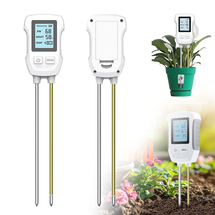 Tester De Sol 3 in 1, Valuxor®, Pamant pH, Temperatura, Umiditatea mediului, 2 sonde, Aparat multifunctional sol, Cu display LCD, Usor de utilizat si de citit, Ideal pentru Agricultura si Gradina, Alb
