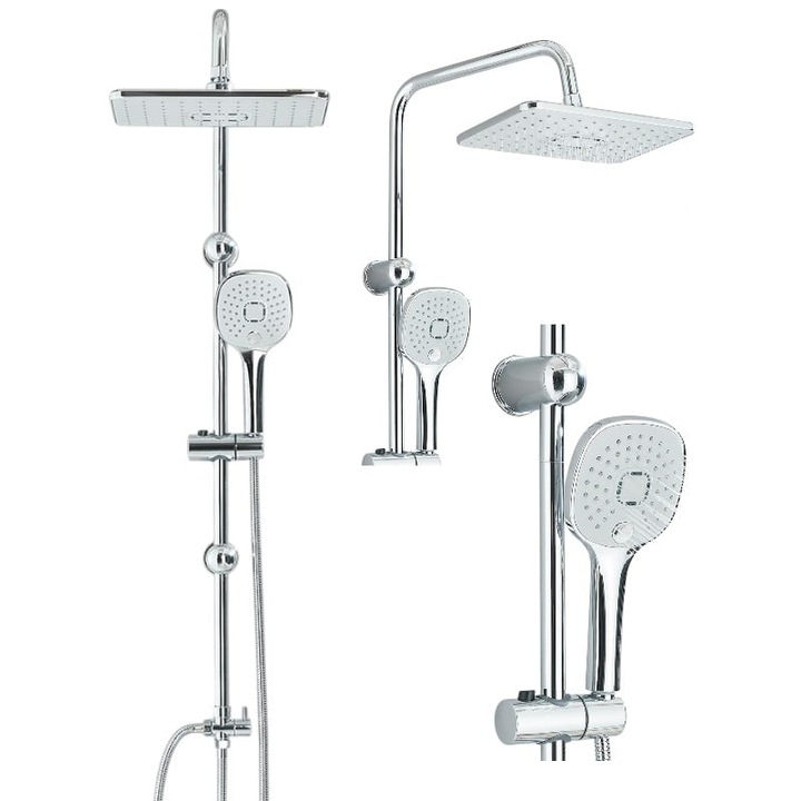 Coloana de Dus BisDesign®, Finisaj Crom Lucios, Palarie Dus 29 cm cu Efect Ploaie, 4 Moduri de Curgere, Alimentare Furtun