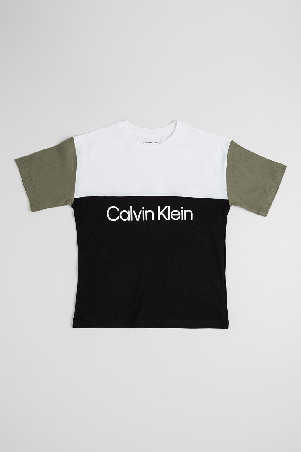 CALVIN KLEIN, Tricou cu model colorblock si imprimeu logo, Negru stins, Alb optic, 152 CM
