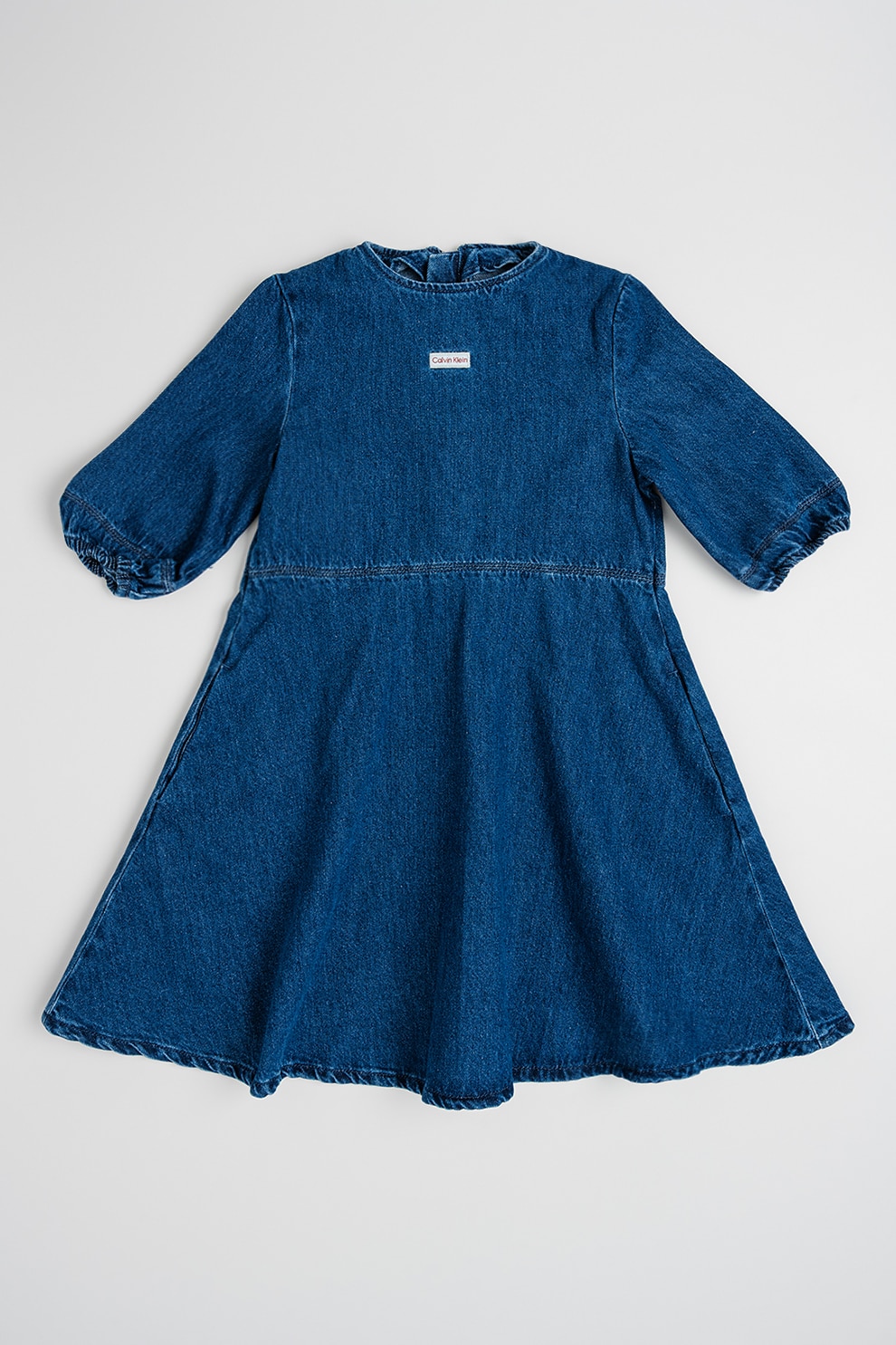 CALVIN KLEIN, Rochie evazata de denim cu decolteu la baza gatului, Albastru inchis, 170 CM