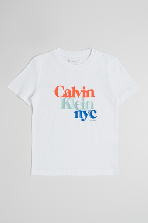 CALVIN KLEIN, Logós normál fazonú póló, Mandarinszín/Fehér/Vízzöld