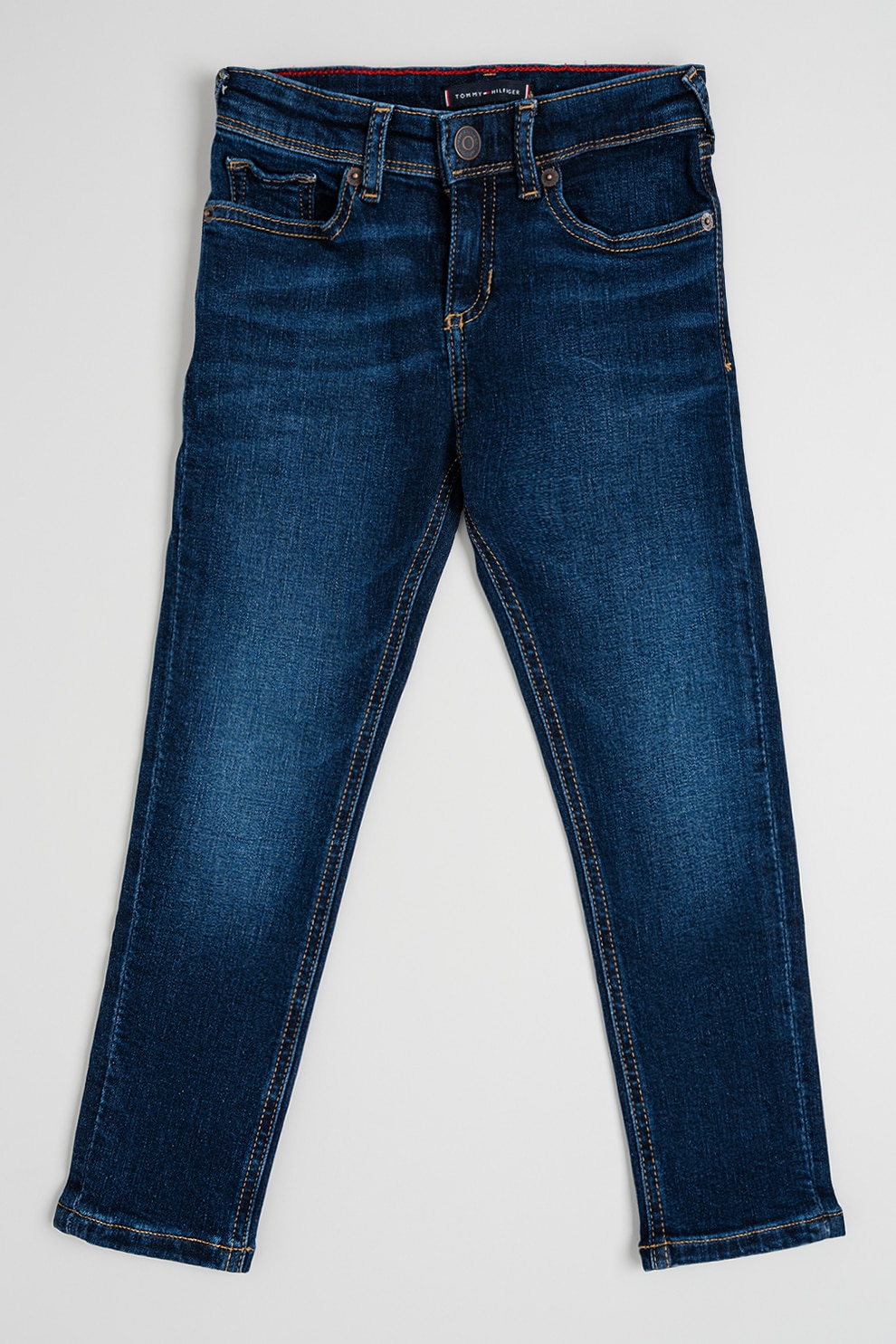 Tommy Hilfiger, Blugi slim fit cu aspect decolorat, Albastru inchis, 152 CM