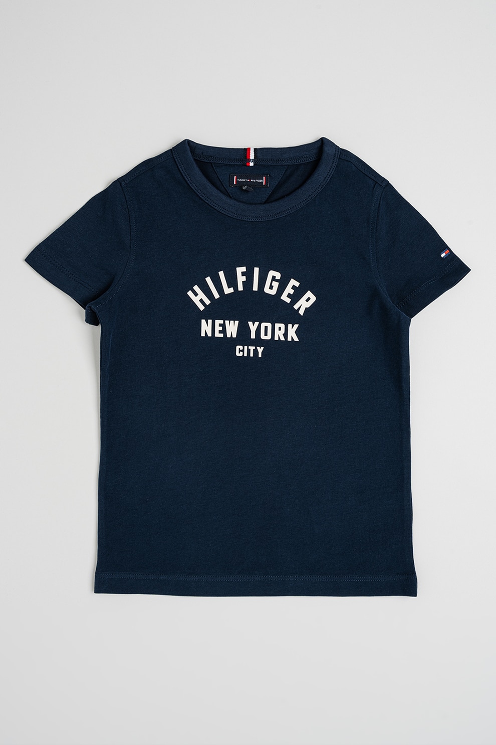 Tommy Hilfiger, Tricou cu decolteu la baza gatului si imprimeu logo, Albastru inchis, Alb murdar, 152 CM