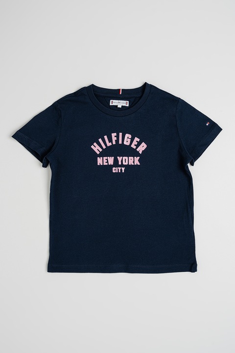 Tommy Hilfiger, Pamutpóló logómintával, Sötét rózsaszín/Tengerészkék