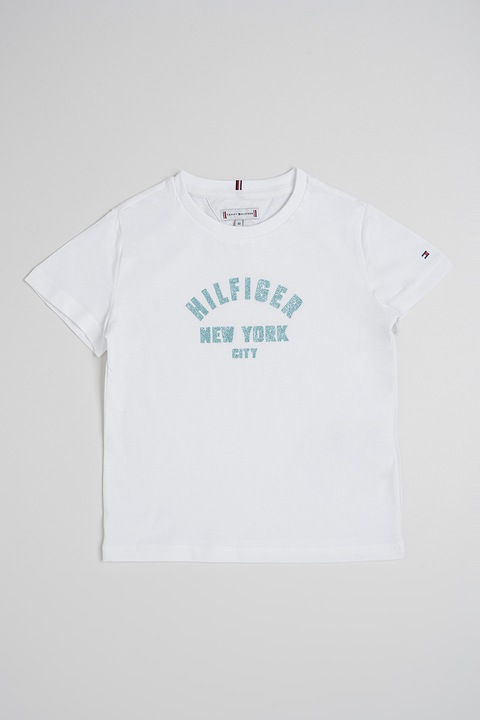 Tommy Hilfiger, Pamutpóló logómintával, Fehér/Perzsazöld