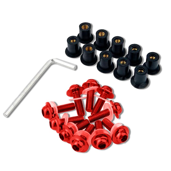 Set 10 suruburi prindere parbriz moto, 5×16mm, Aliaj de aluminiu + cauciuc, Culoare Rosu