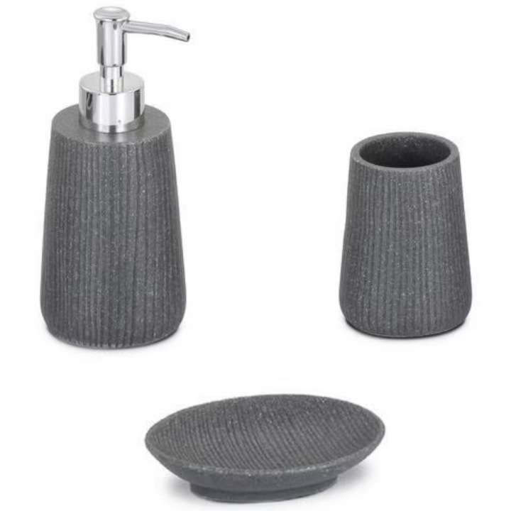 Set dozator sapun lichid, pahar si savoniera, Frandis, polirasina, gri