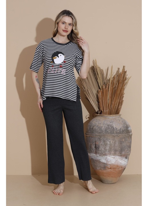 Női pizsama, pamut, pingvin, fekete, Fekete