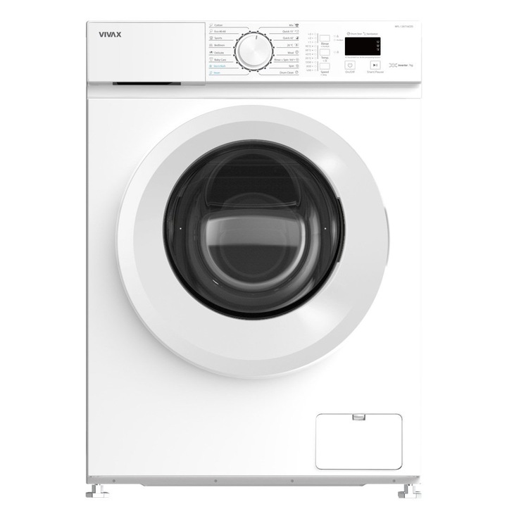 Пералня VIVAX WFL-120716CDS, 7 кг, 1200 об/мин, BLDC мотор с инвертор, клас A, пара, дигитален дисплей, заключване за деца, регулируема температура, почистване на барабана, стерилизация, отложен старт, 16 програми, Бял