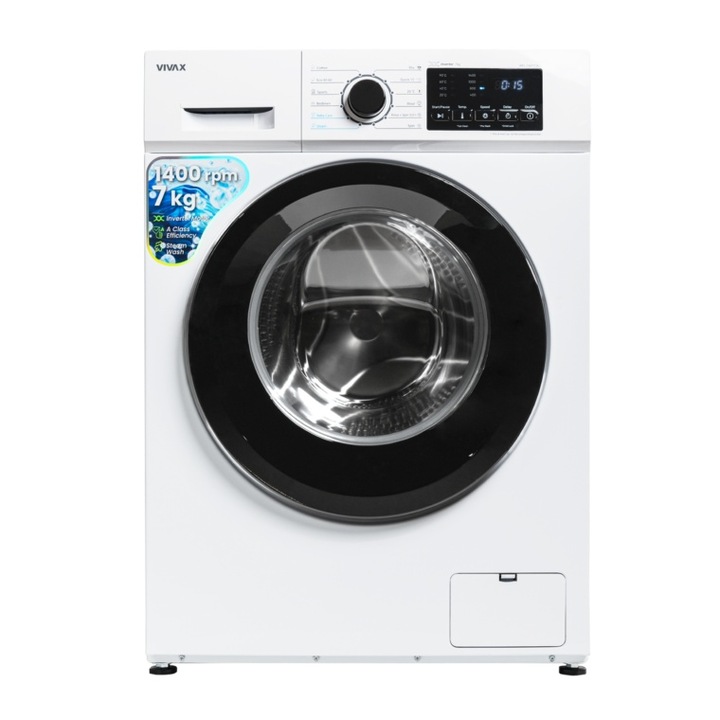 VIVAX WFL-140712CI Mosógép, 7kg, 1400 RPM, BLDC motor inverter, A osztály, gőzölés, babaápolás, Eco, digitális kijelző, állítható hőmérséklet, dobtisztítás, sterilizálás, gyorsmosás, késleltetett indítás, 12 program, fehér