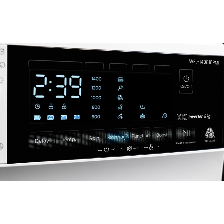 Masina de spalat rufe VIVAX WFL-140816PMI, 8kg, 1400 RPM, BLDC Motor Inverter, Clasa A, Steam Hygiene, Children's sensitive laundry, Eco, Display digital, Control electronic, Stain Magic, Quick Wash, Delay Start, 16 Programe, Alb