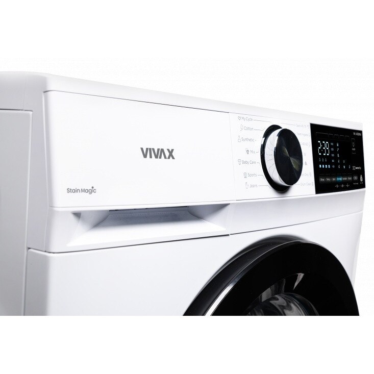 Masina de spalat rufe VIVAX WFL-140816PMI, 8kg, 1400 RPM, BLDC Motor Inverter, Clasa A, Steam Hygiene, Children's sensitive laundry, Eco, Display digital, Control electronic, Stain Magic, Quick Wash, Delay Start, 16 Programe, Alb