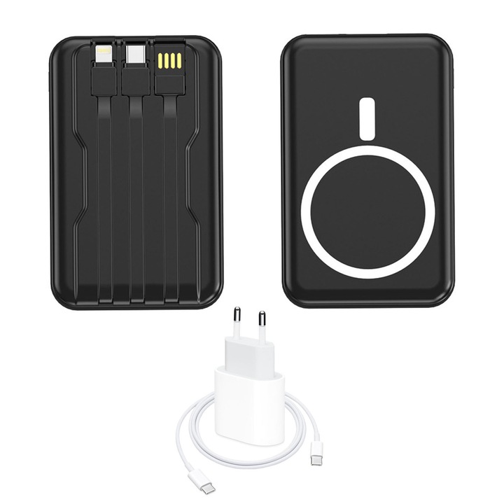 Baterie Externa Magnetica, ZGGZERG, 10000mAh, 22.5 W Incarcare Rapida, 3 Cabluri Integrate (USB-C, USB-A, Lightning), 1xUSB-C, 1xUSB-A, 1xMicroUSB, 1xLightning, Display LED, Compatibila iPhone 15/14/13/12/Pro/Mini/Pro Max, 109*67*21mm, Negru