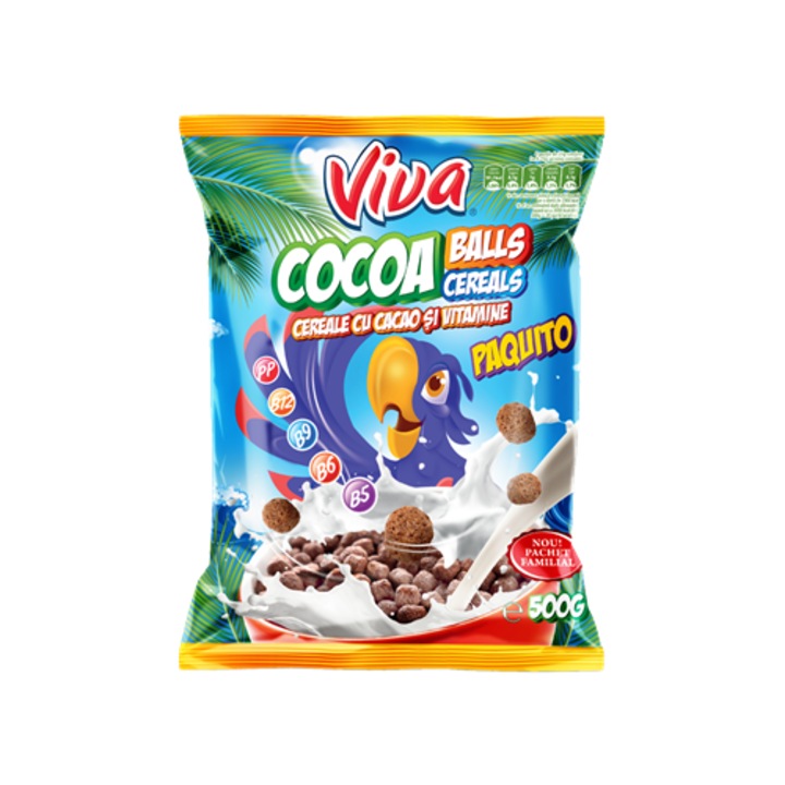 Cereale Viva balls cacao 500 g, din fainuri de porumb, orez si grau, gluten redus, ambalaj punga