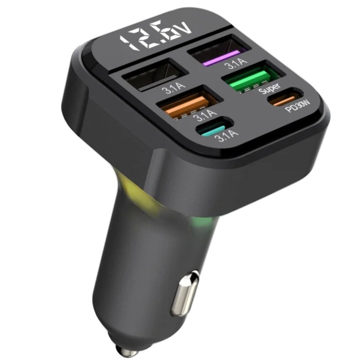 Incarcator Auto USB 6 Porturi, Fast Charge PD 30W + QC 3.0 + SuperCharge, Afisaj Voltaj, 12-24V, Compatibil iPhone, Samsung, Huawei