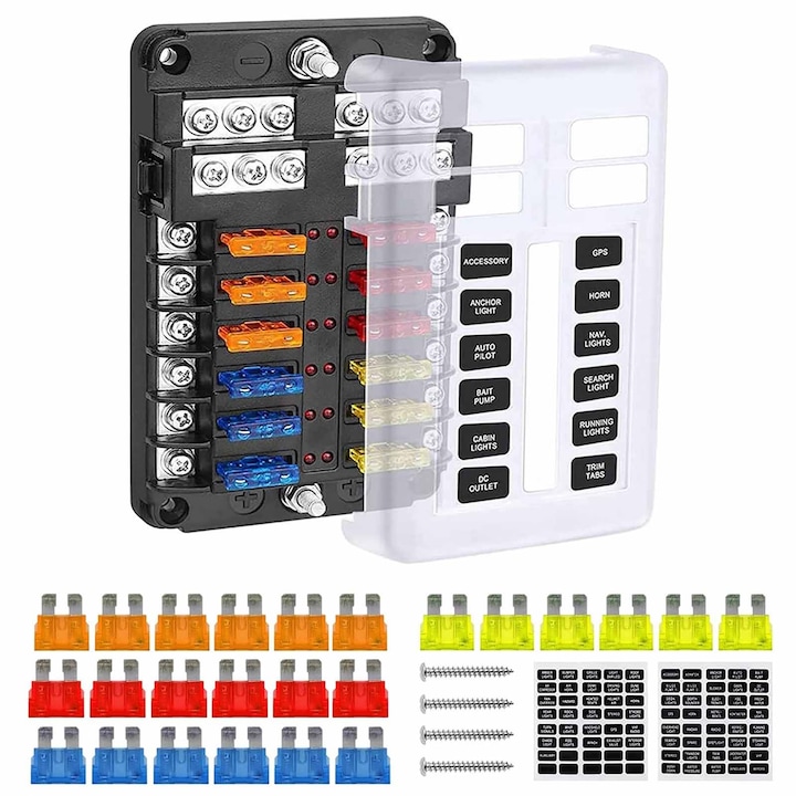 Кутия за автомобилни предпазители, SINBINTA, Комплект панел за автомобилни предпазители с 12 изхода, 12-24V, С предпазители 5A, 10A, 15A, 20A, За кола, каравана, лодка, микробус, камион, Пластмаса, 138*88*36.5мм, Многоцветен