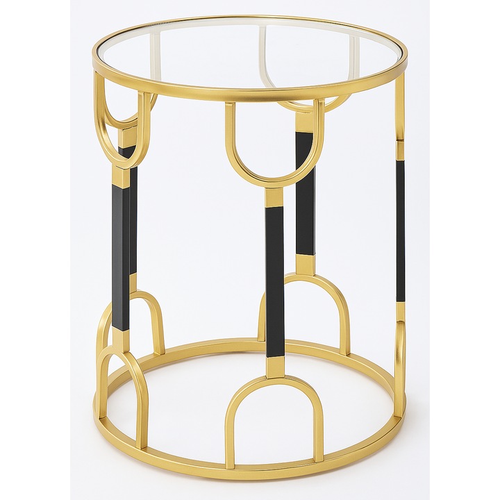 Masuta de accent rotunda cu blat din sticla si structura metalica aurie – Design modern si elegant