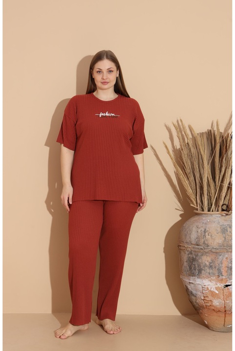 Pijama Femei, Bumbac, Marime Mare, Fashion For You, Caramiziu, Portocaliu