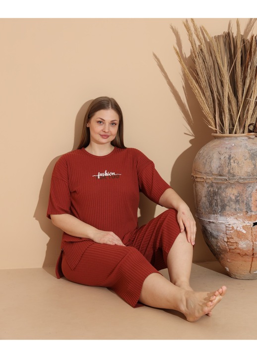 Pijama Femei, Trei Sferturi, Bumbac, Fashion For You, Marime Mare, Caramiziu, Portocaliu