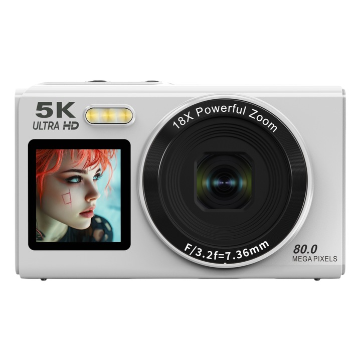 Цифров фотоапарат, 5K, 80 мегапиксела, 128 GB карта памет, OTG, WIFI, 18X цифрово увеличение, 2.8-инчов HD екран, AF автофокус, вградена светкавица, множество филтри, 700 mAh, елегантен и универсален, бял