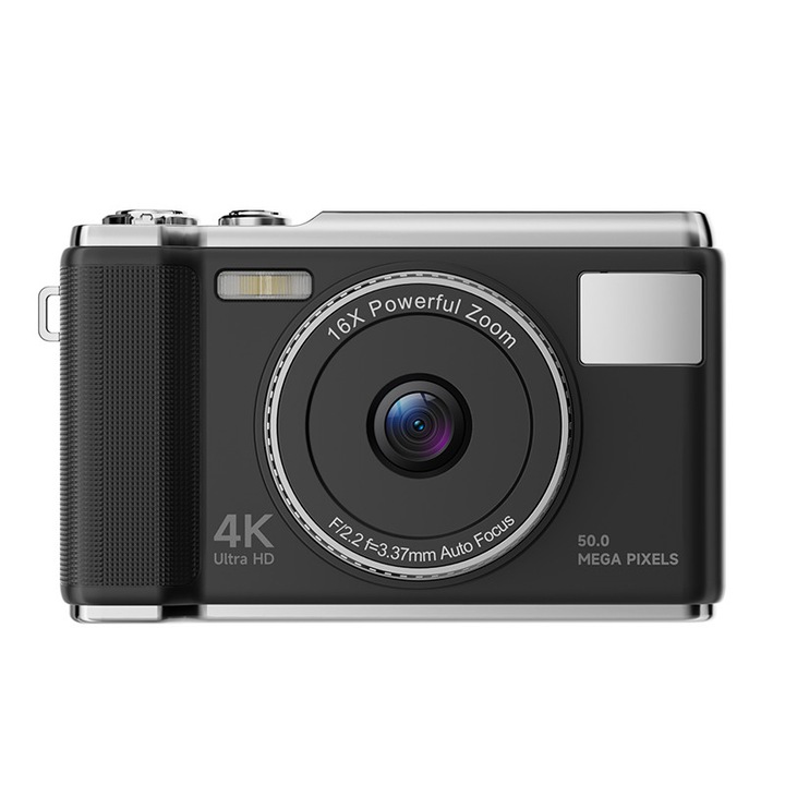 Цифров фотоапарат, 4K, 50 мегапиксела, 128 GB карта памет, WIFI, 16X цифрово увеличение, 2.83-инчов HD екран, OTG адаптер, AF автофокус, вградена светкавица, множество филтри, 1000 mAh, USB зареждане, елегантен и универсален, черен