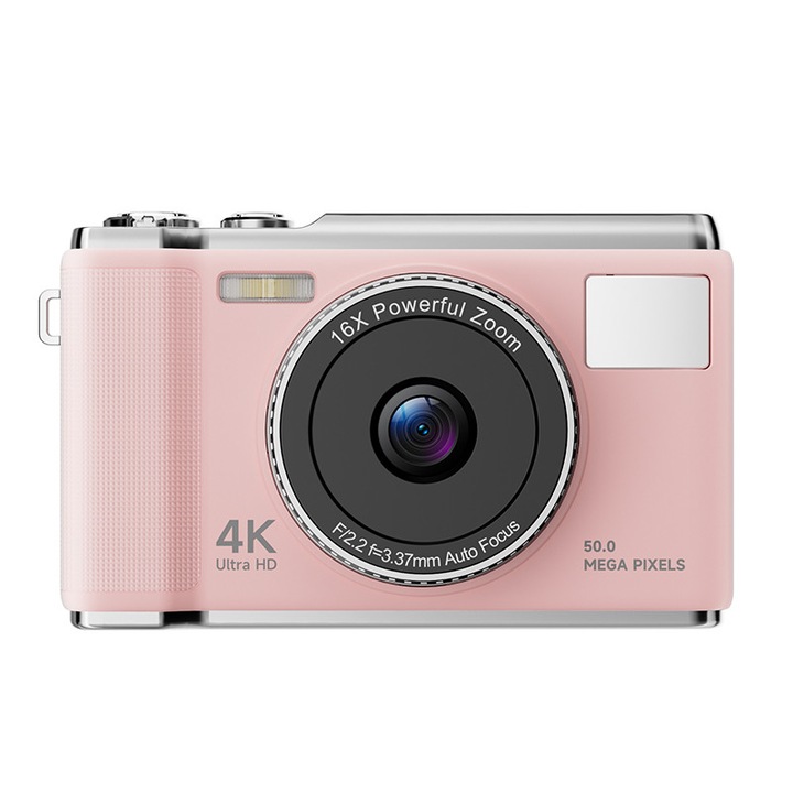 Camera digitala, 4K, 50 megapixeli, card de memorie de 128 GB, WIFI, zoom digital 16X, ecran HD de 2,83 inchi, adaptor OTG, focalizare automata AF, blit incorporat, filtre multiple, 1000 mAh, incarcare USB, la moda si versatil, roz